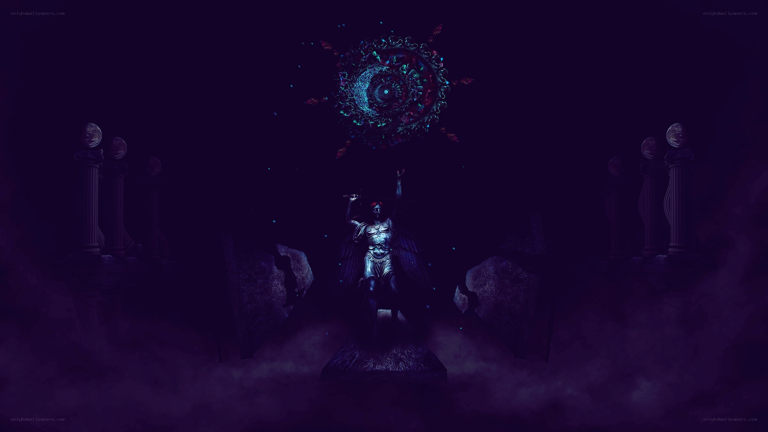 statue under glowing orb
