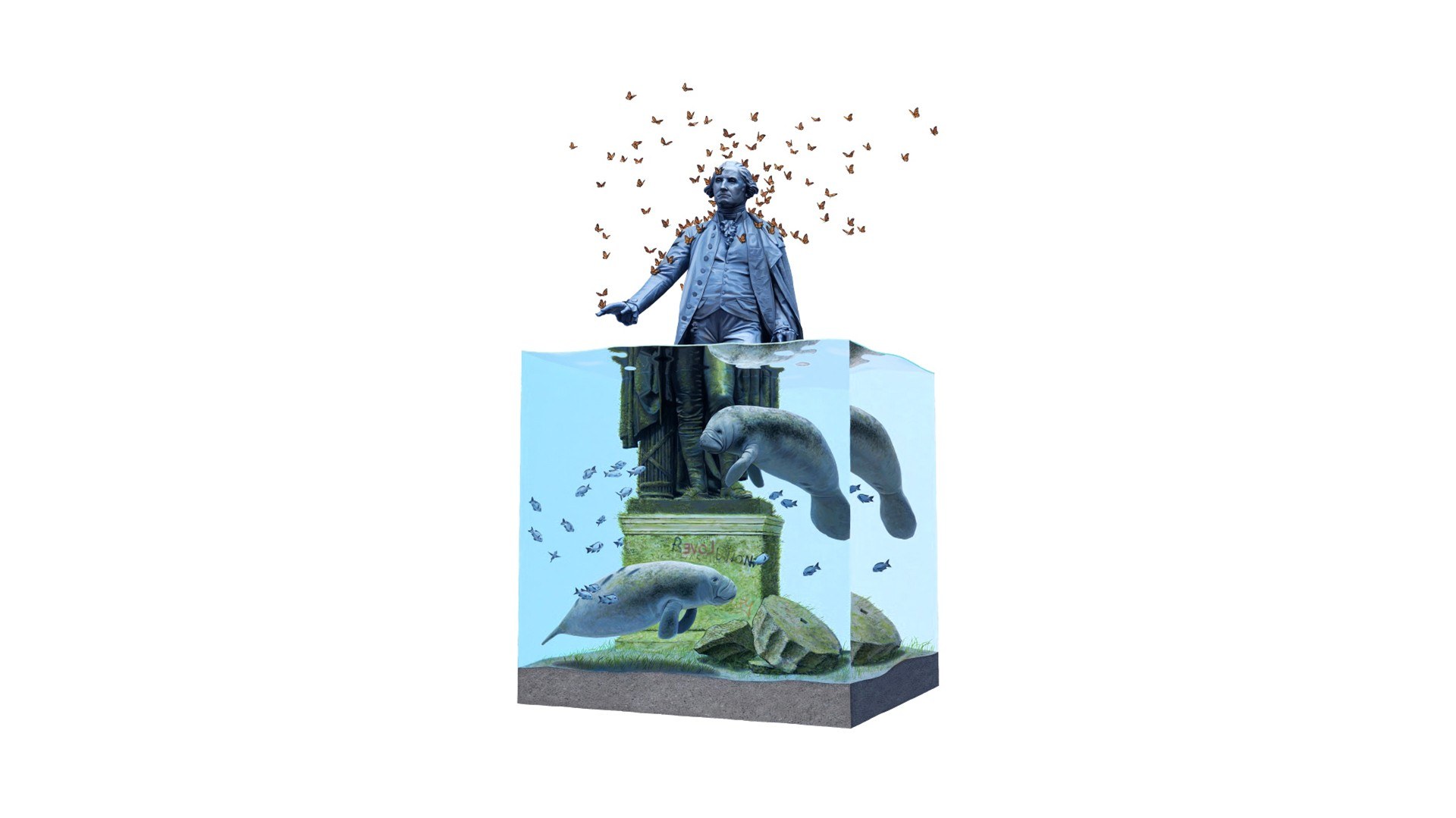 statue with manatees and butterflies
