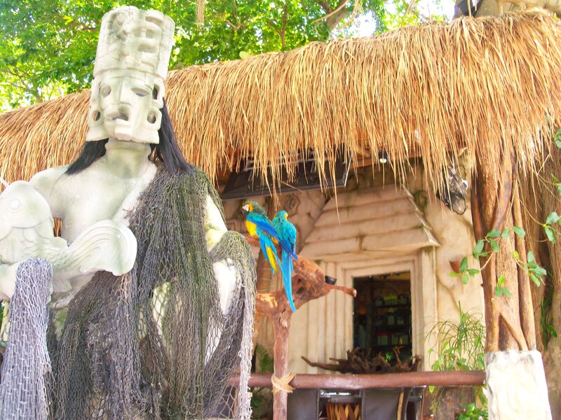 Statue with parrots at hut