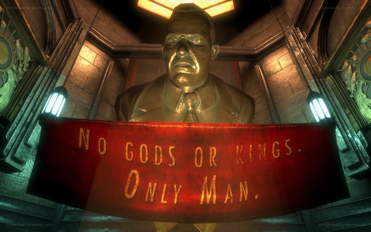 statue with revolutionary slogan