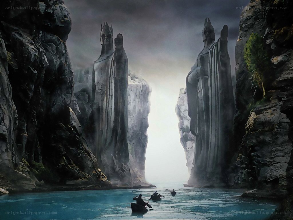 Statues flanking a river passage