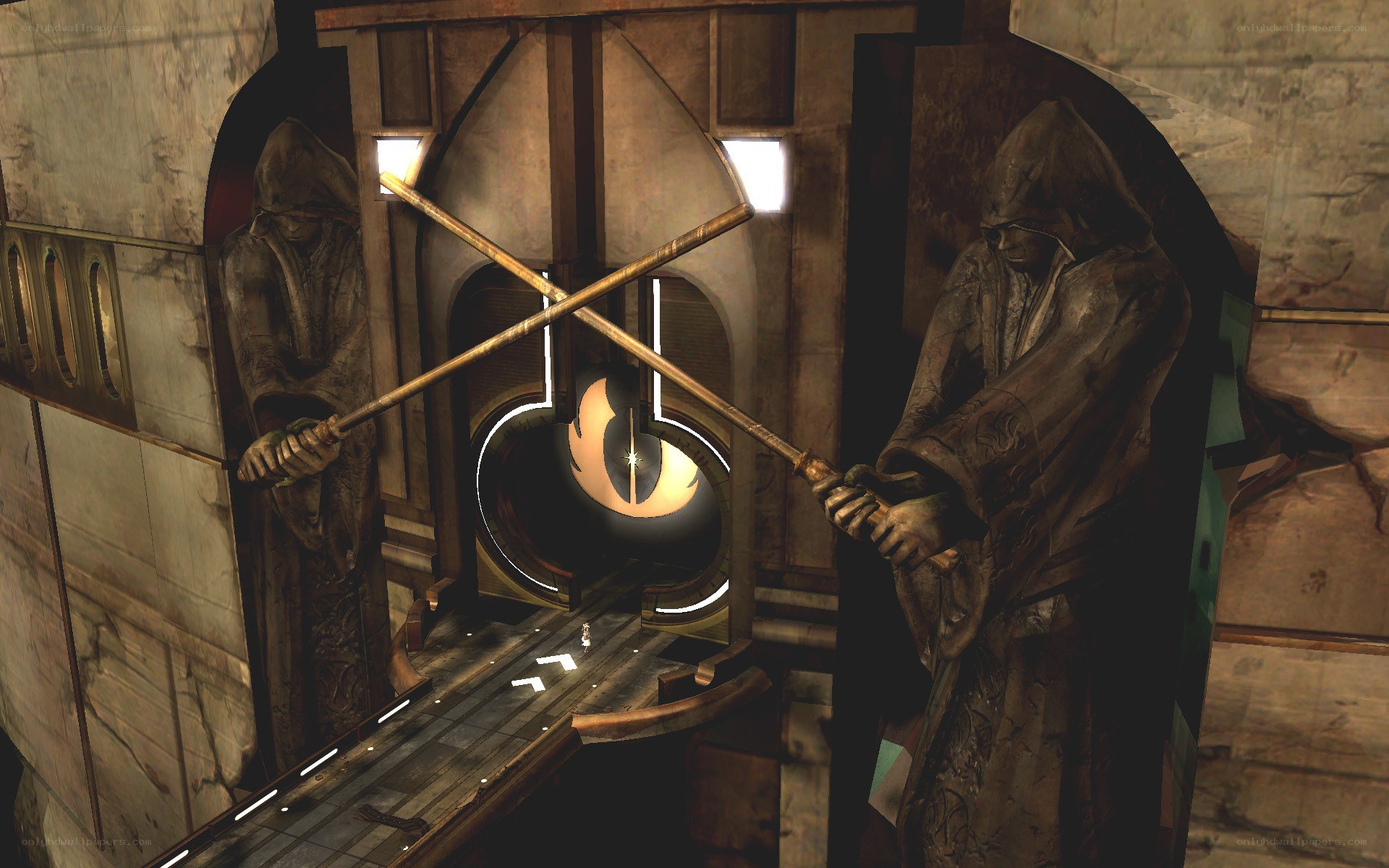 statues holding crossed staffs