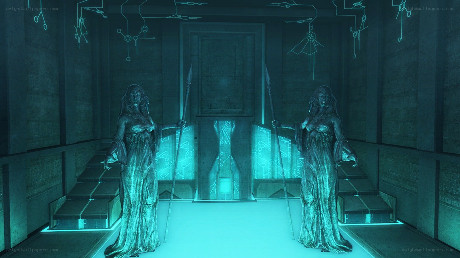 statues in a futuristic chamber