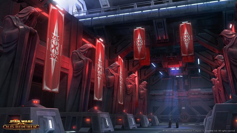 Statues in a Hall — Red, Dramatic