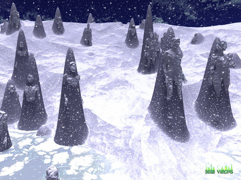 Statues in a snowy landscape