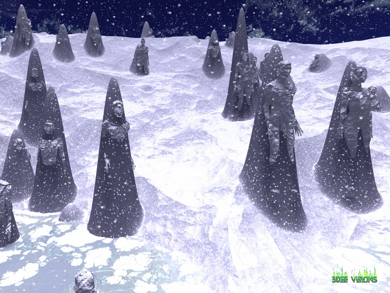 Statues in a snowy landscape