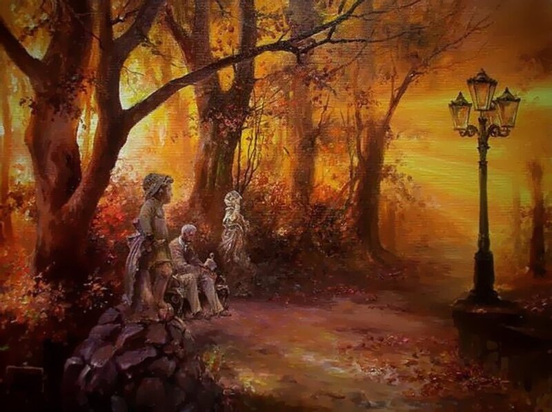 Statues in Autumn Park — Orange