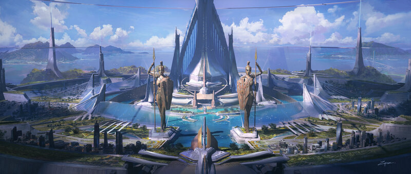 Statues in Futuristic City — Blue