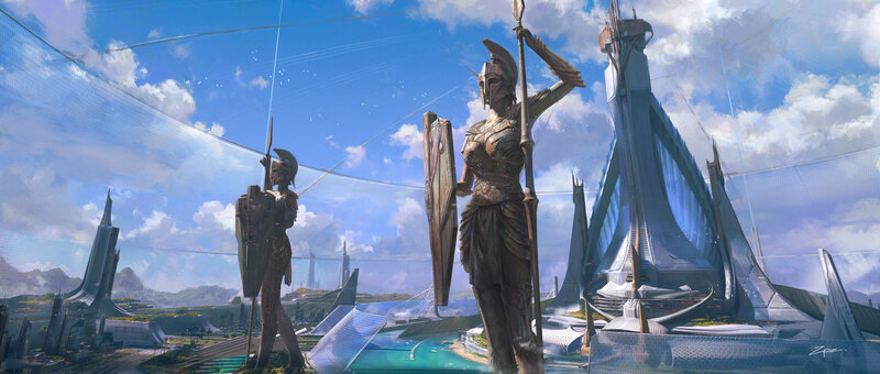Statues in Futuristic City