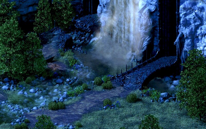 Statues Near Waterfall — Blue
