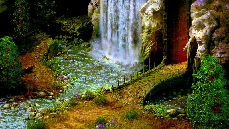 Statues Near Waterfall