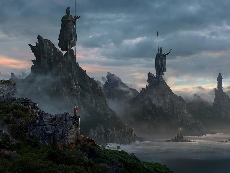 Statues on rocky cliffs