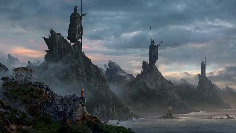Statues on Rocky Cliffs — Gray, Dramatic, Sunset, Digital Art