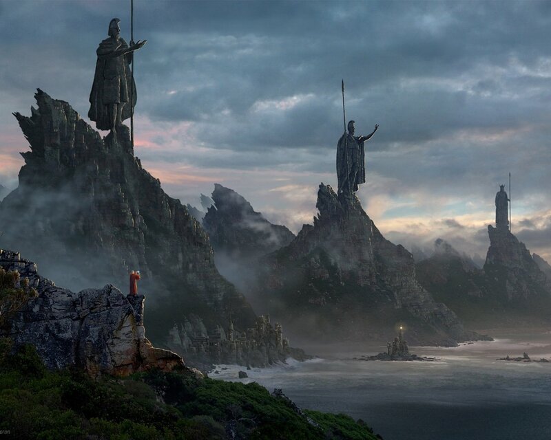Statues on Rocky Cliffs — Gray, Dramatic, Sunset
