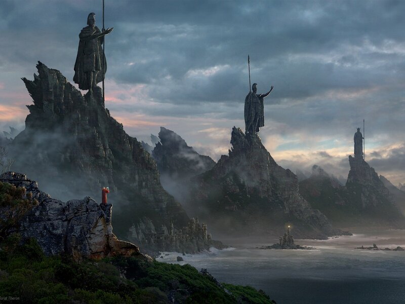 Statues on Rocky Cliffs — Gray, Dramatic