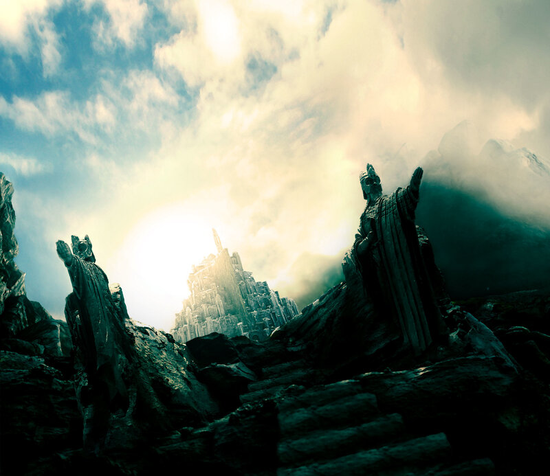 Statues overlooking a mountain fortress