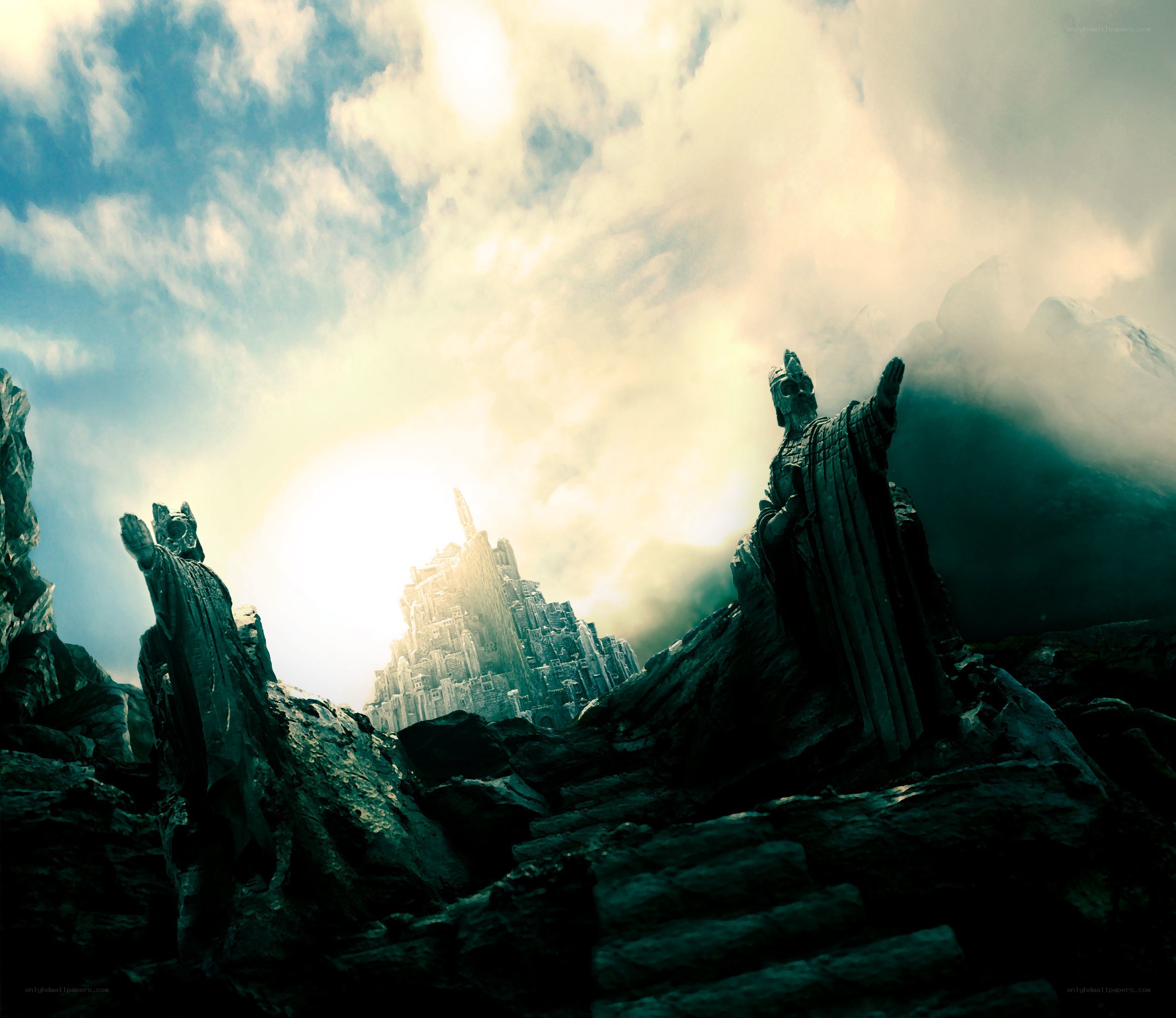 Statues overlooking a mountain fortress