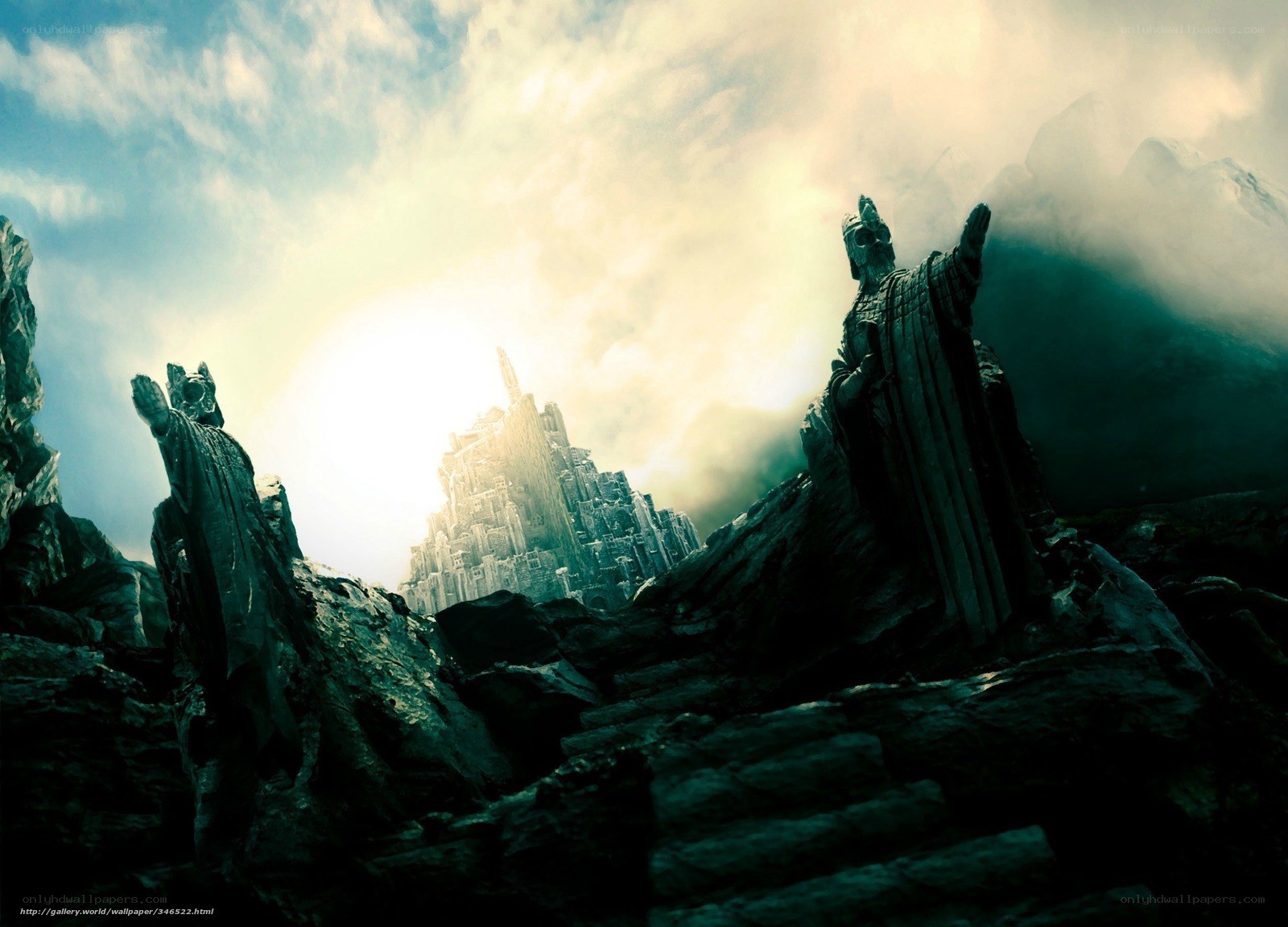 Statues overlooking a mountain fortress