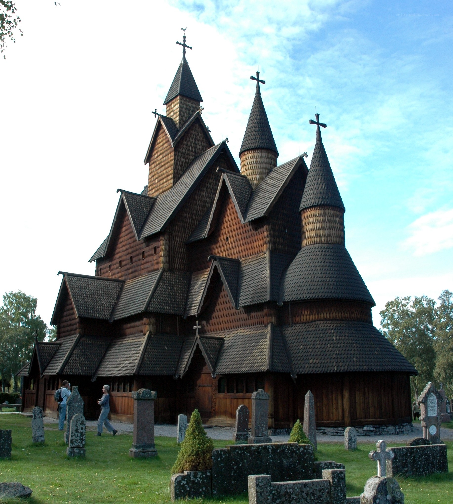 Stave church with multiple spires