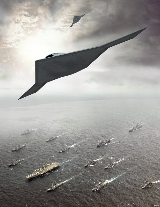 Stealth aircraft over naval fleet