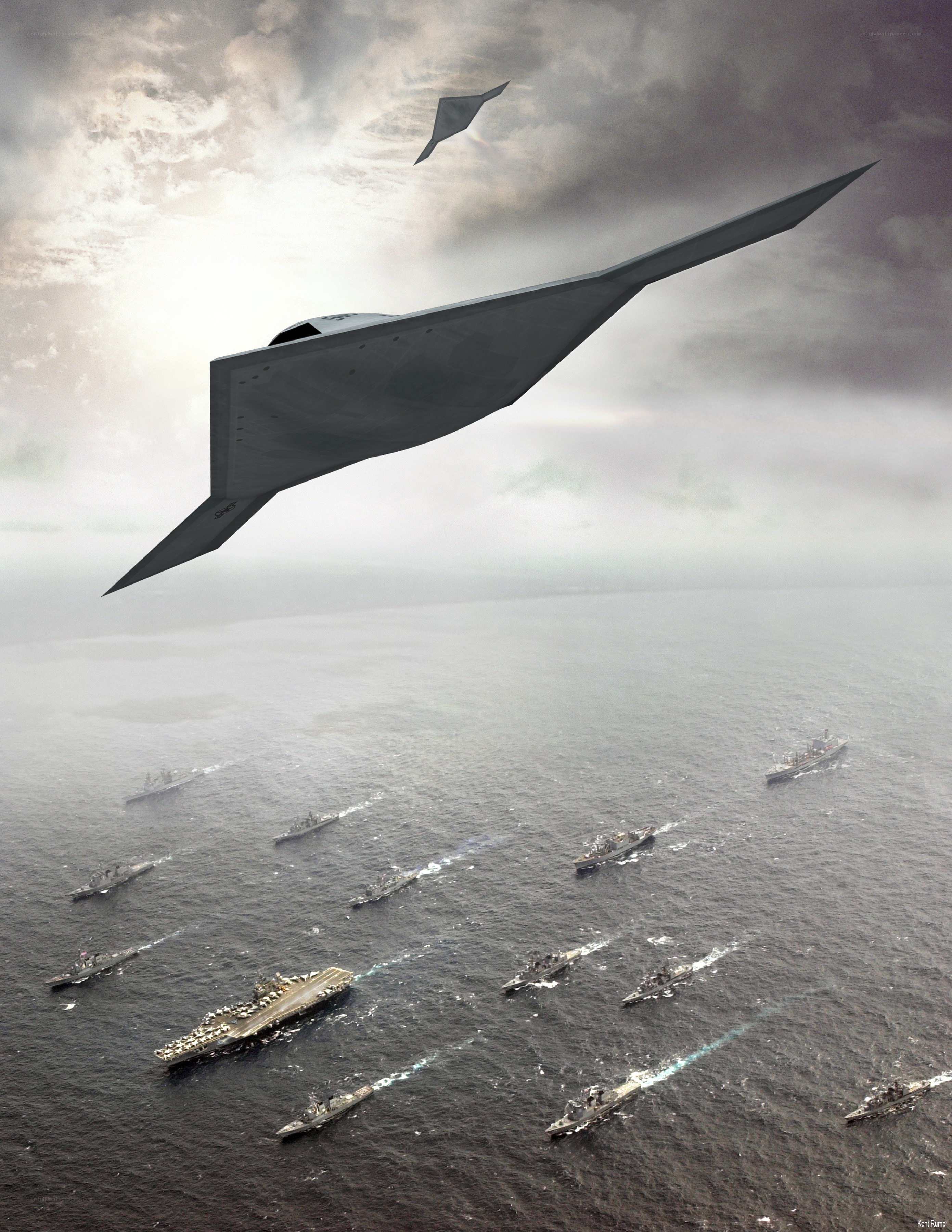 Stealth aircraft over naval fleet