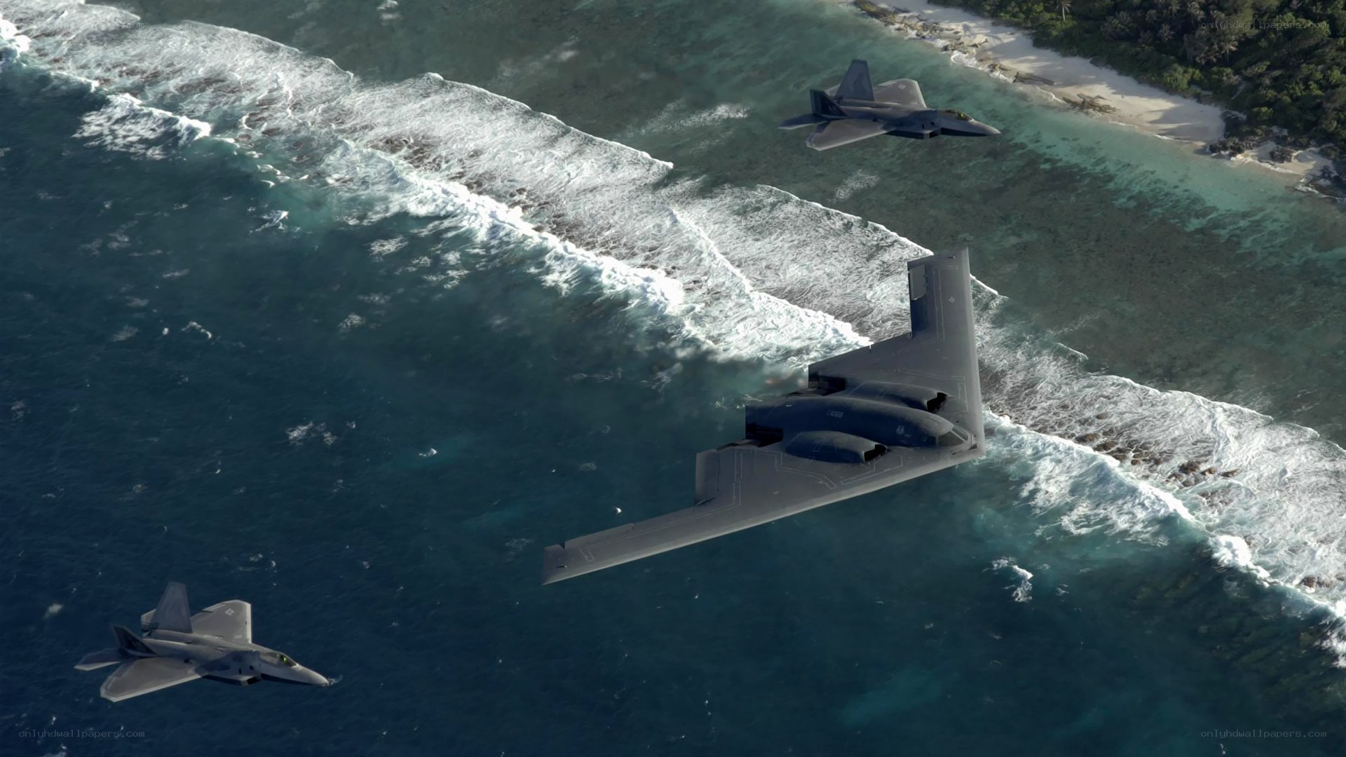 Stealth bombers over ocean