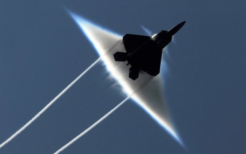 Stealth Fighter Jet — Blue, Dramatic, Afternoon, Photograph, Sonic Boom, Contrail