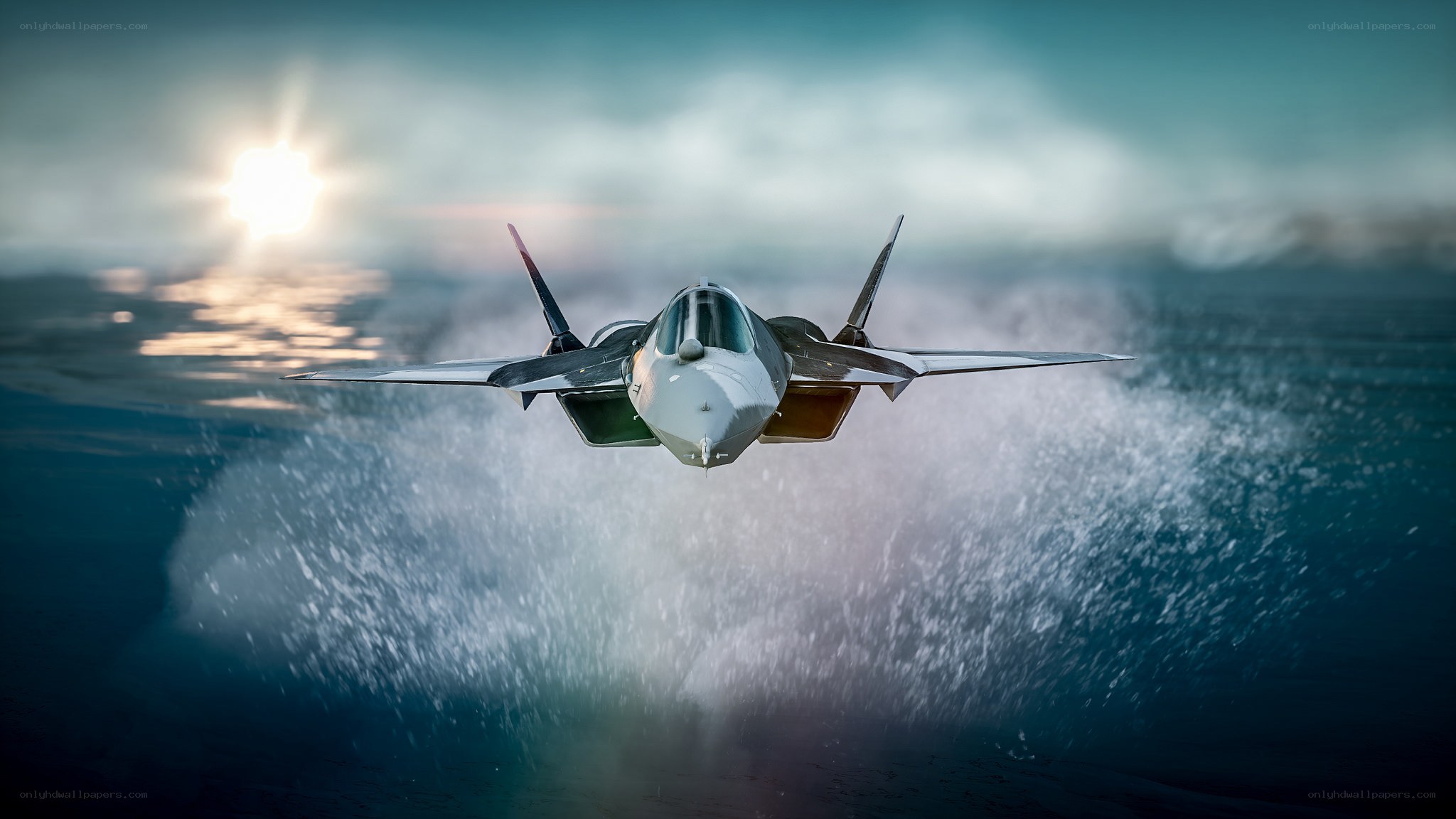 stealth fighter jet over water