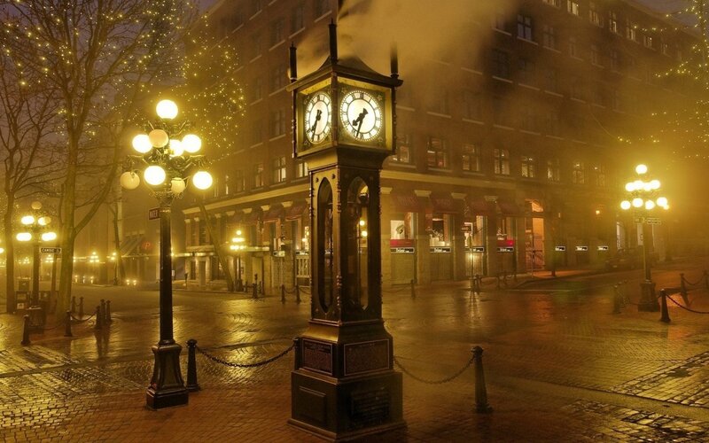 Steam Clock in City Square — Yellow, Misty, Night
