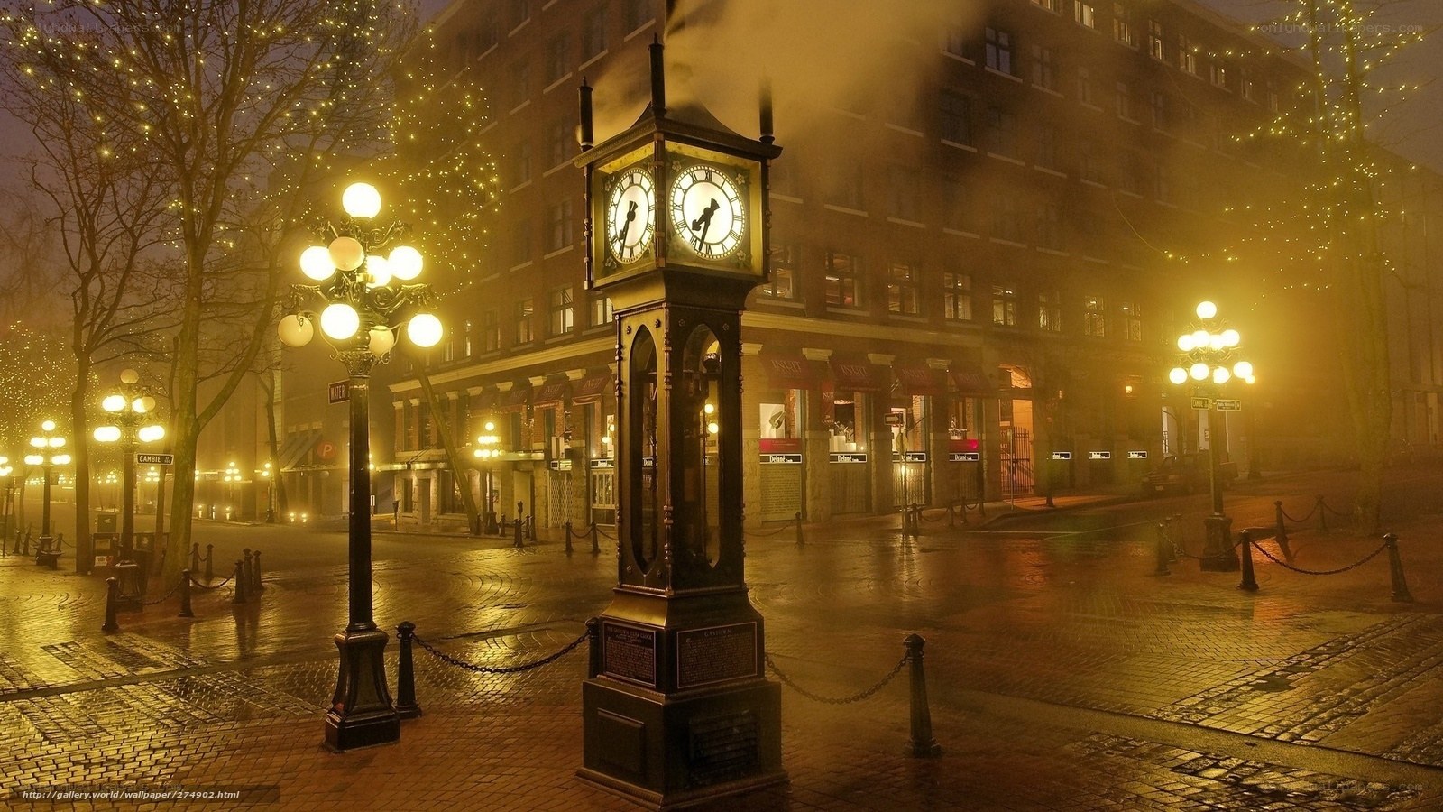 Steam clock in foggy city