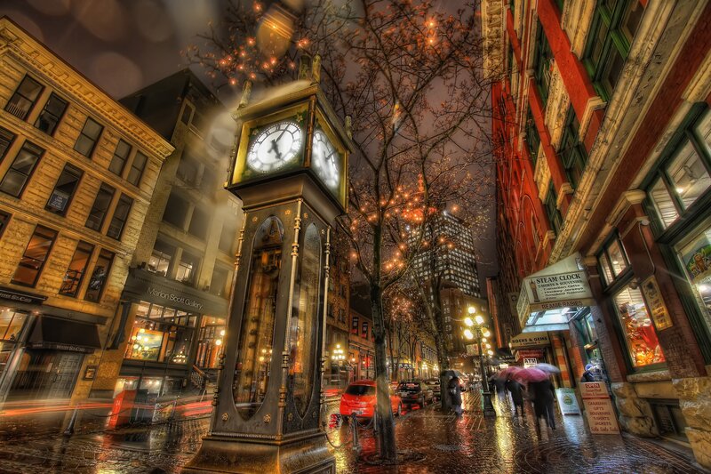 Steam Clock on Street — Yellow, Dramatic, Night