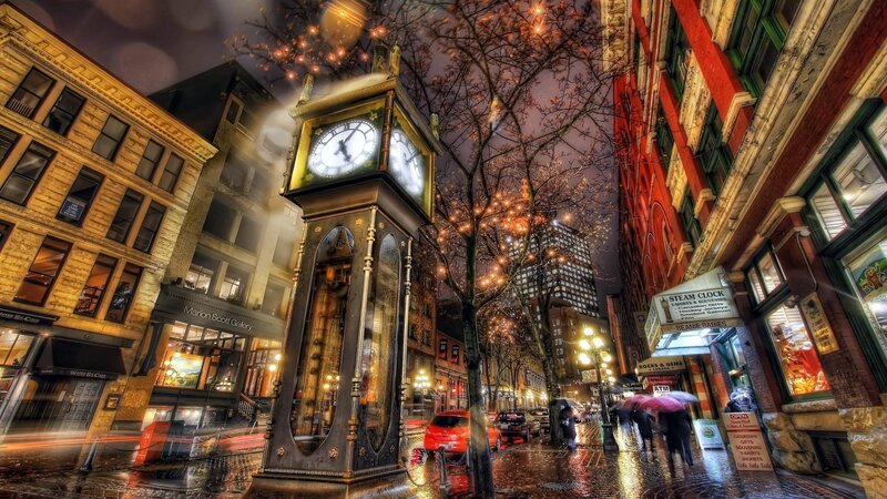 Steam Clock on Street — Yellow, Dramatic