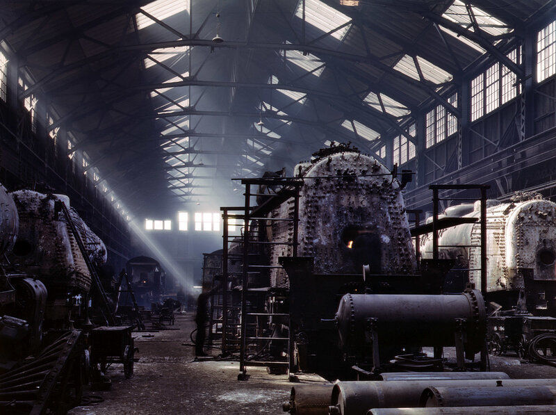 Steam engine workshop interior
