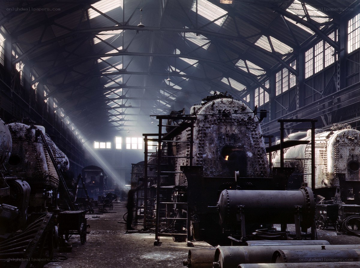 Steam engine workshop interior