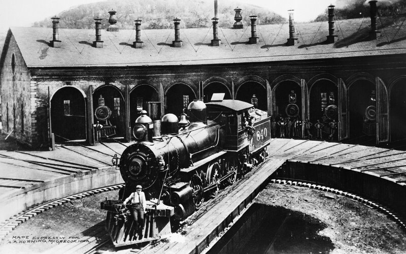 Steam locomotive at roundhouse
