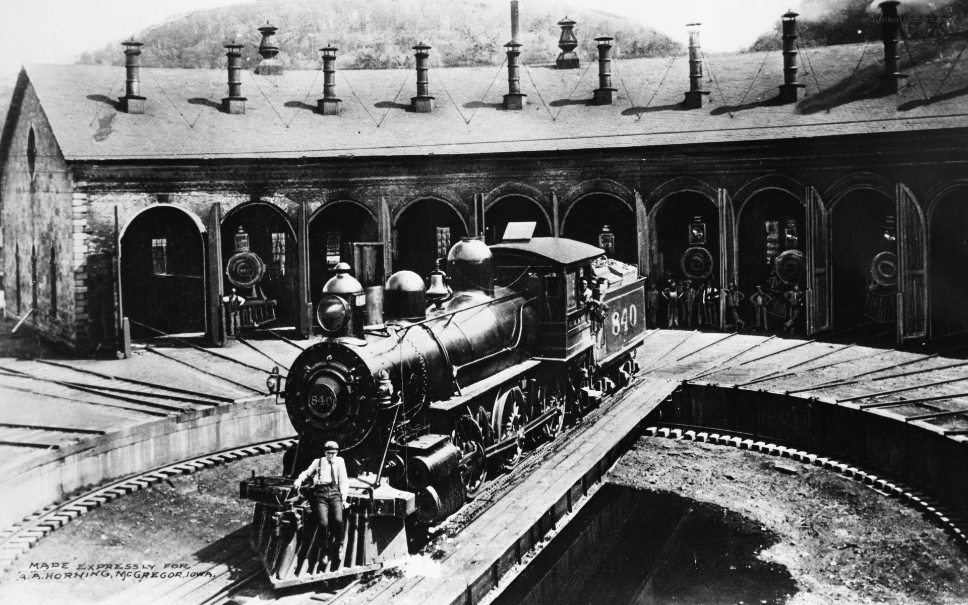 Steam locomotive at roundhouse