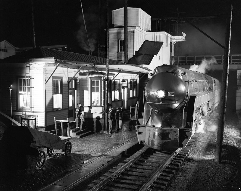 Steam Locomotive at Station — Black, Dramatic, Night