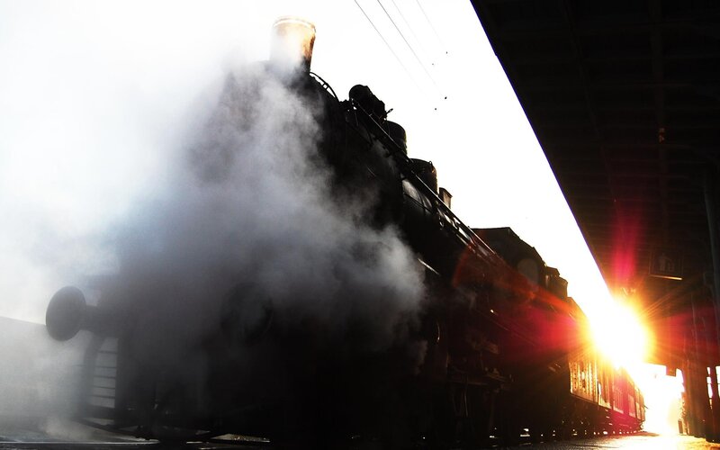 Steam Locomotive at Station — Black, Dramatic, Sunset