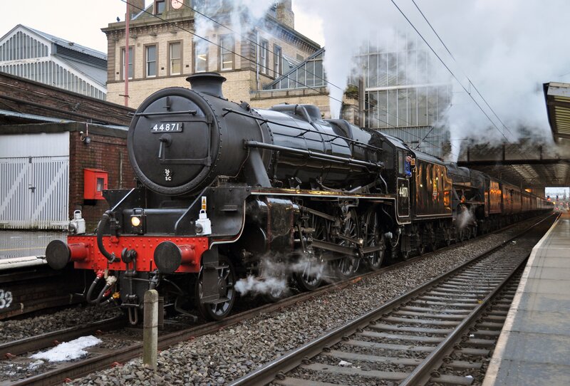 Steam Locomotive at Station — Black, Industrial, Winter