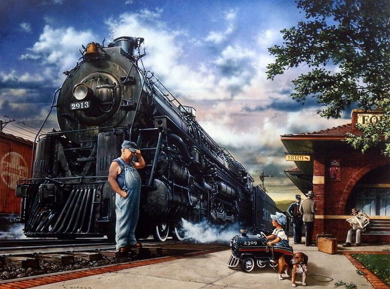Steam Locomotive at Station — Blue, Dramatic