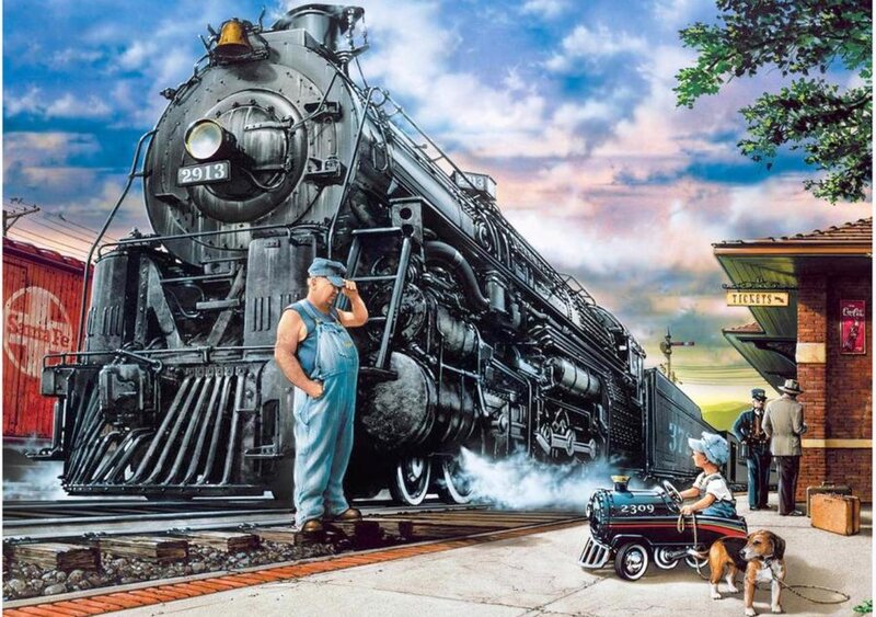 Steam Locomotive at Station — Blue