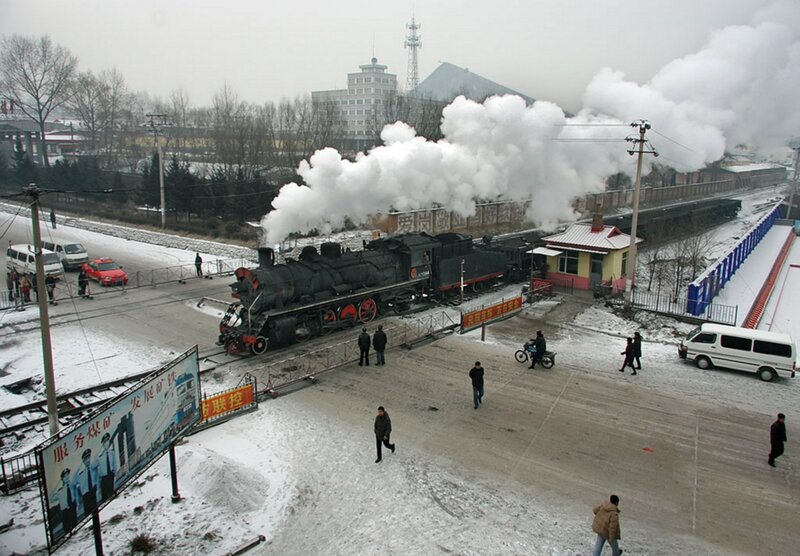 Steam Locomotive at Station — White