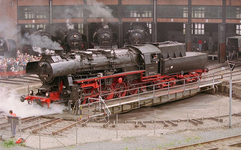 Steam locomotive in a rail yard
