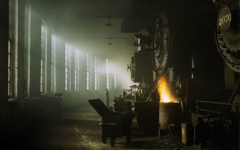 Steam locomotive in a workshop