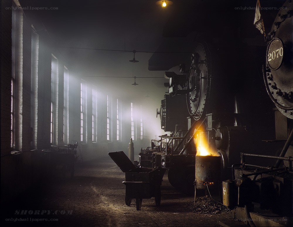 Steam locomotive in a workshop