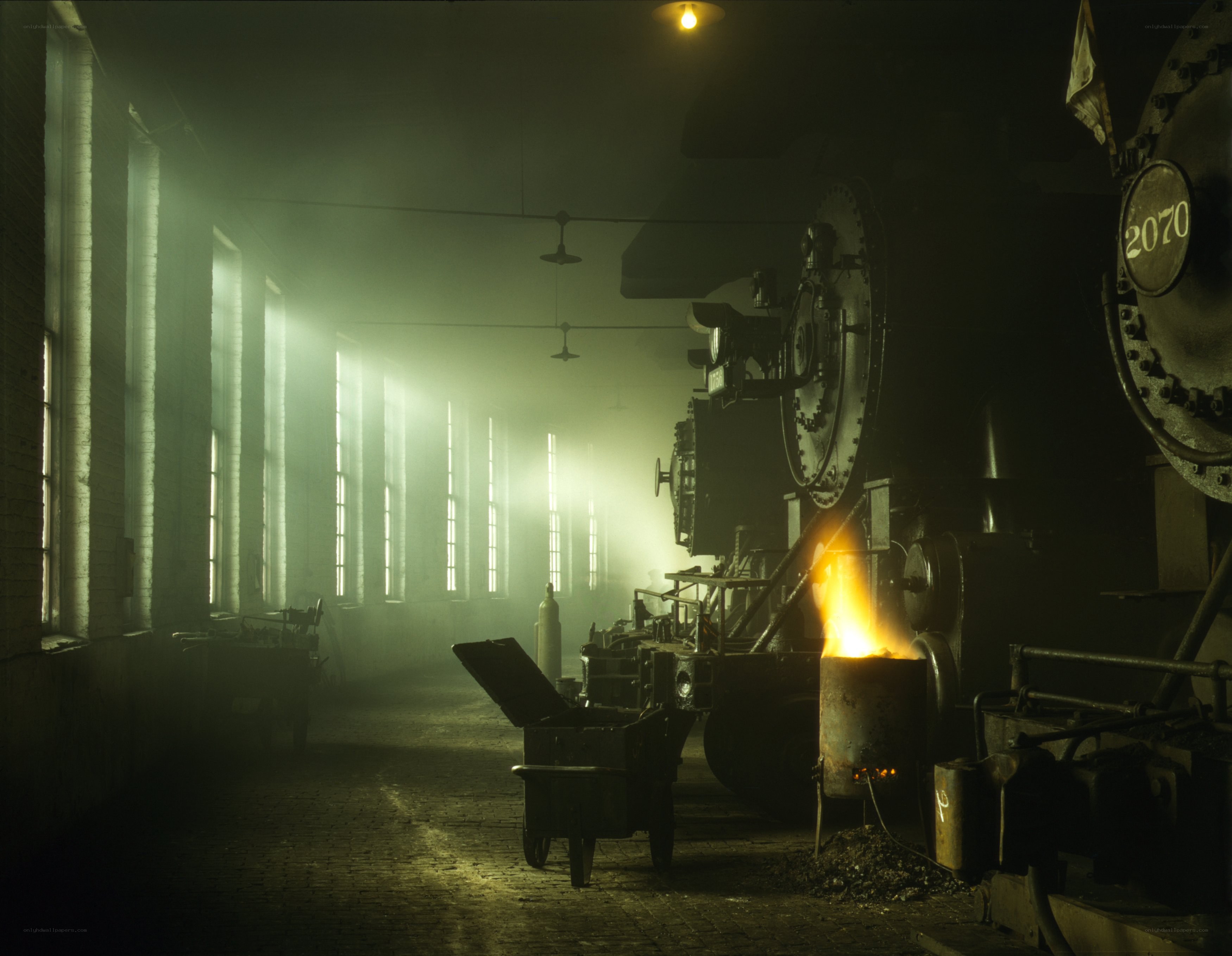 Steam locomotive in a workshop
