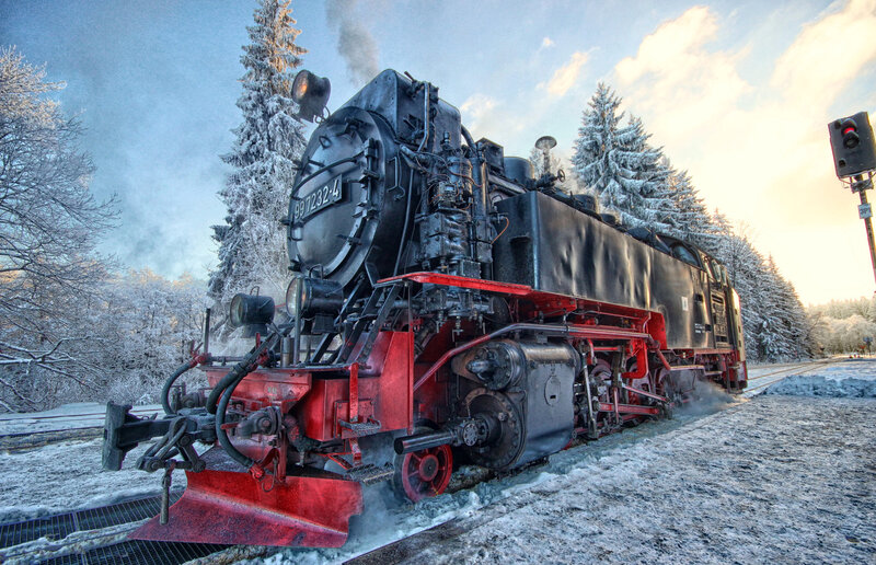 Steam Locomotive in Snow — Black, Dramatic