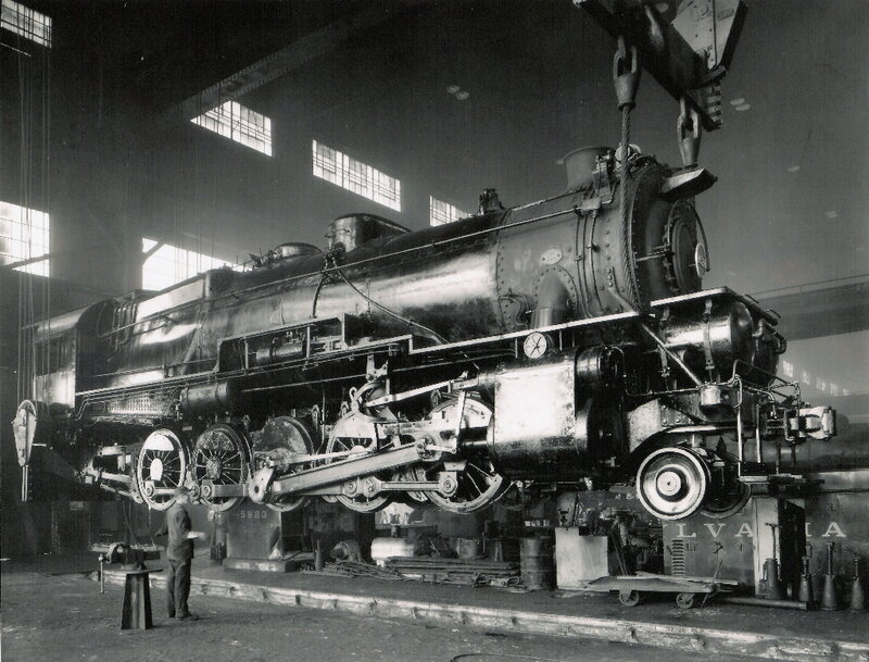 Steam locomotive in workshop