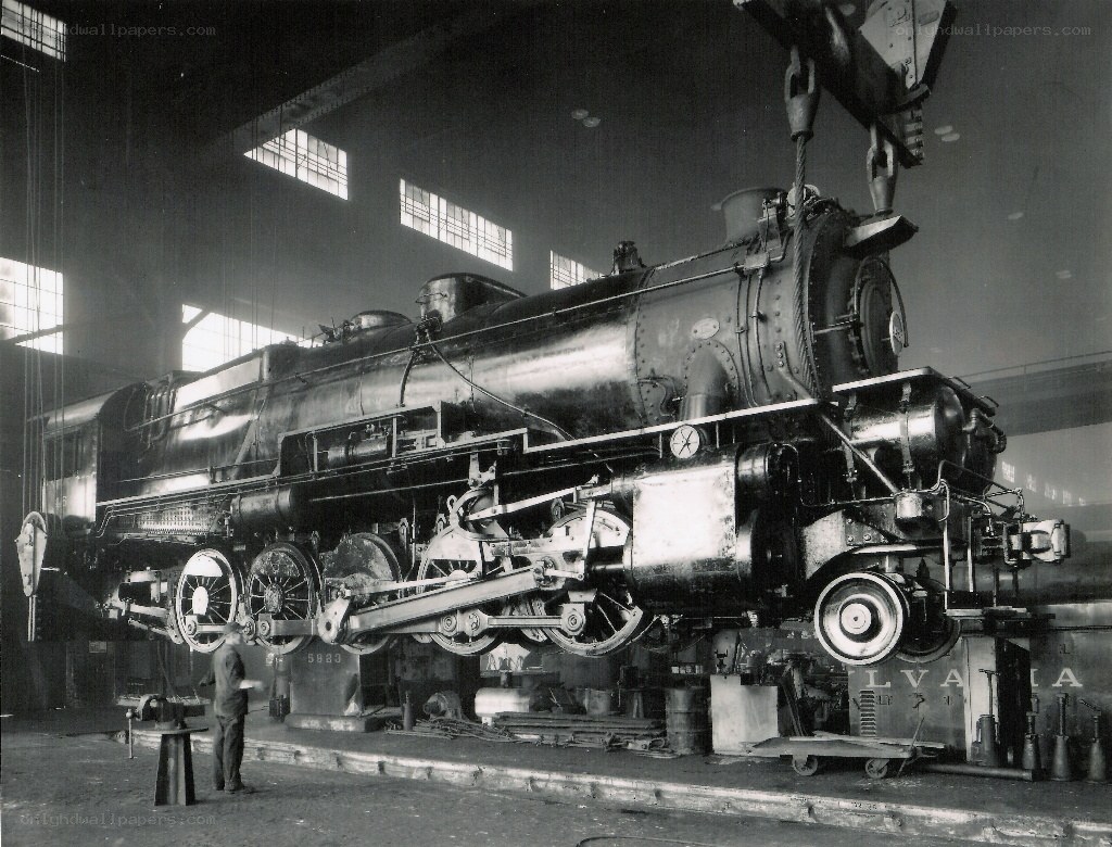 Steam locomotive in workshop
