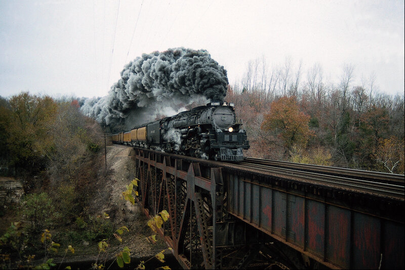 Steam Locomotive on Bridge — Black, Dramatic